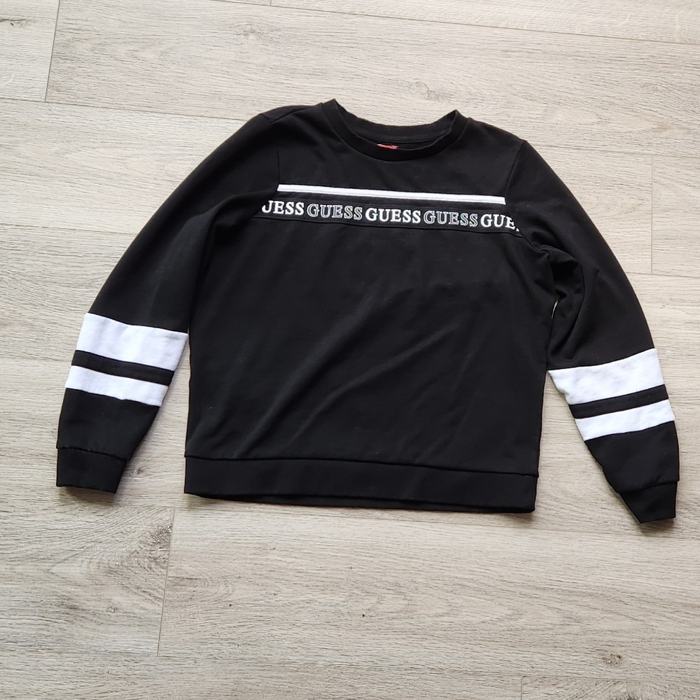 Guess Black Logo Sweater Womens Large Long Sleeve Stripes Athleisure Activewear